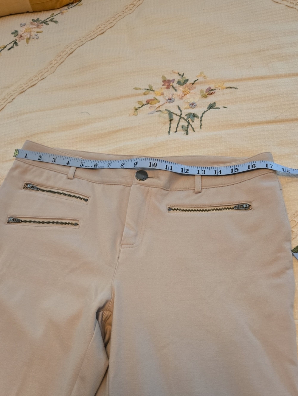 Beige Zip-Pocket Stretch Pants